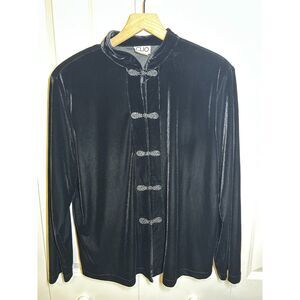 Vintage 90s CLIO Black Velvet Mandarin Collar Frog Closure Jacket Blouse L